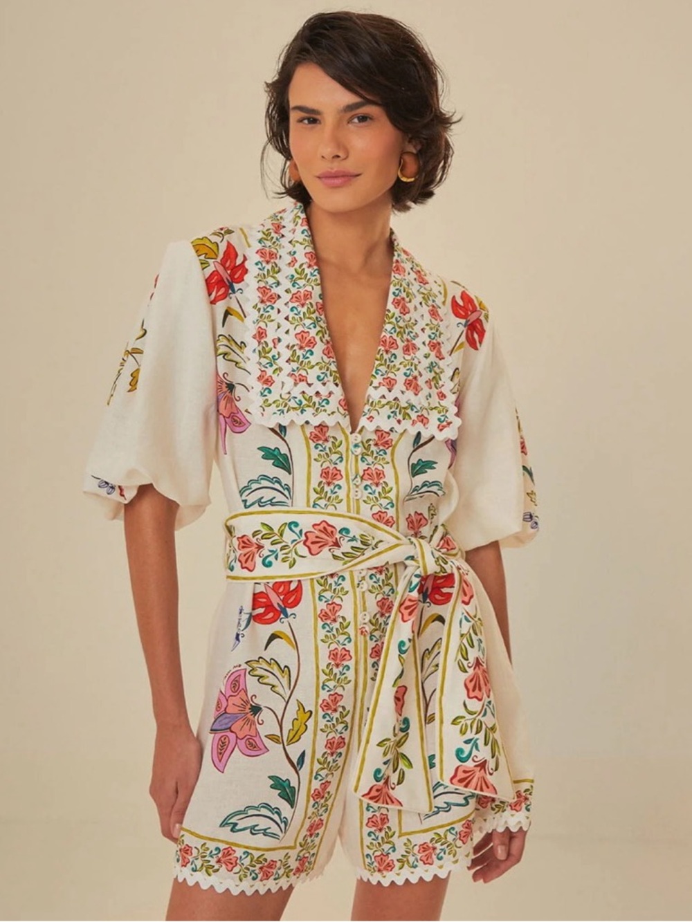 NWOT Farm Rio Floral Insects Linen Blend Romper